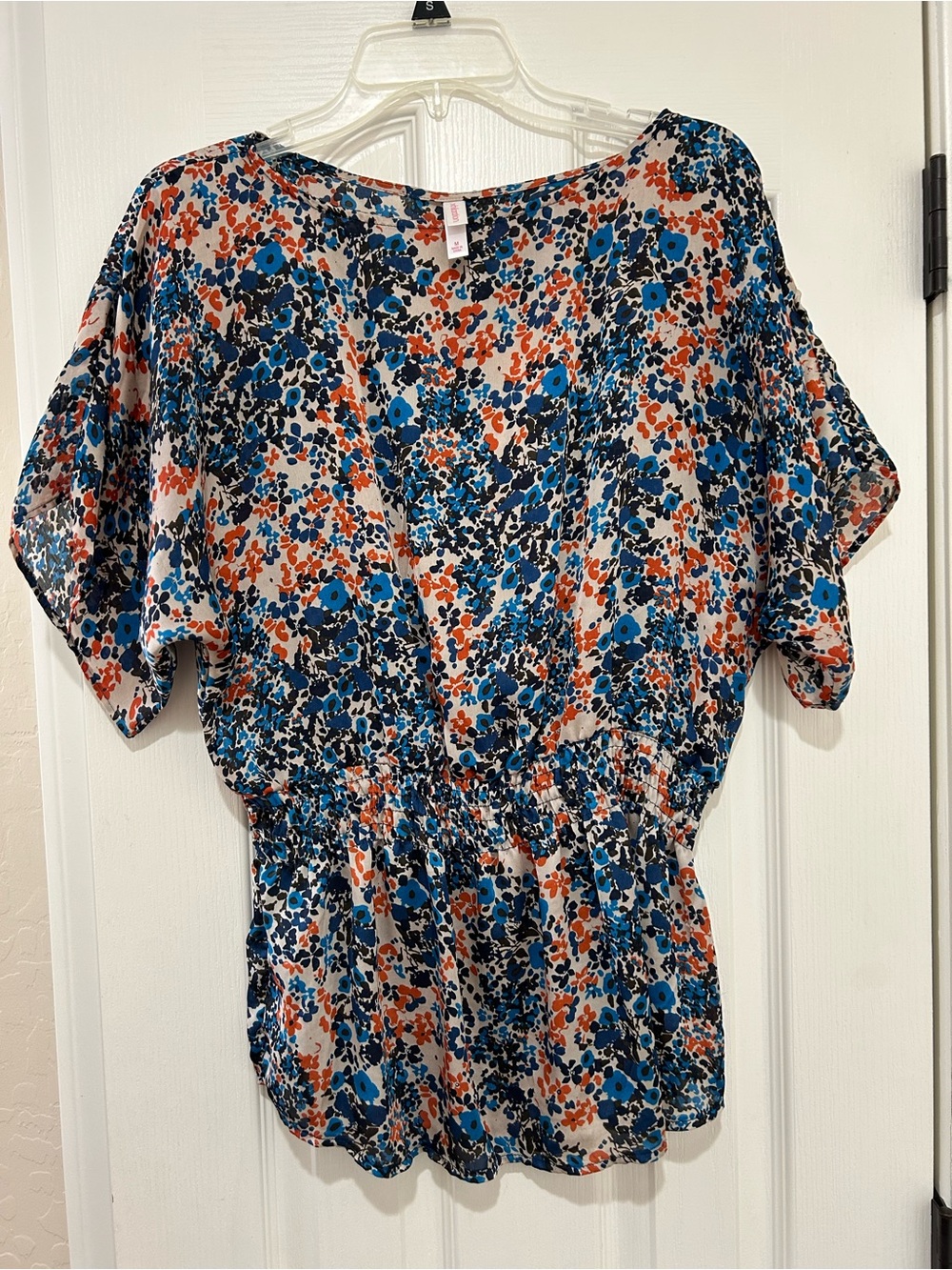 Xhilaration Blue & Orange Short Sleeve Floral Peplum Top Blouse
